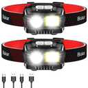 Blukar LED Headlamp Rechargeable,2000L High Lumen Super Bright Dimmable Headlight Flashlight with Motion Sensor- 8 Modes,Spotlight&Floodlight,IPX5 Waterproof for Camping,Hiking,Running,Fishing -2 Pack (Black)