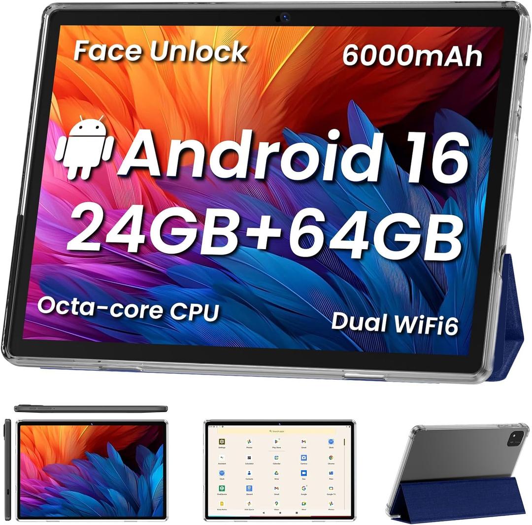 COLORROOM Android16 Tablet, 10inch Tablets, Octa Core CPU, 24GB+64GB+512GB Expansion, 6000mAh Battery+18W Fast Charging, Dual WiFi, Dual Cameras, Widevine L1 Google Kids Space, Blue