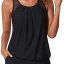 Women Blouson Tankini Swimsuit with Shorts - 2 Piece Tummy Control Bathing Suit Modest Mesh Racerback Top with Pockets 2026, Medium