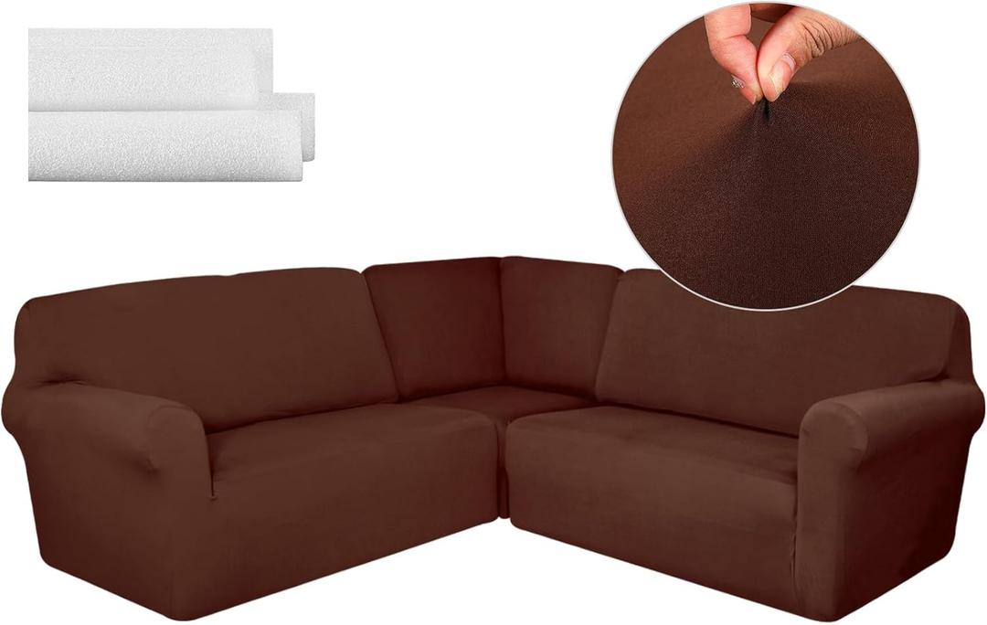 Breling 3 Pcs L Shaped Couch Covers for Sectional Corner Sofa Stretch 5 Seat Washable Corner Sofa Slipcover Sectional Couch Protector for Living Room(Brown,Milk Silk)
