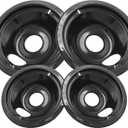 GE Black Stove Drip Pans, 10% Energy Save by Enamel Spraying Prevent Bending and Rust - Include 2 6'' Burner Drip Pans and 2 8'' Drip Bowl