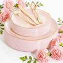 YOUBET 125PCS Pink Plastic Plates - Pink Disposable Plates With Gold Rim - Pinks and Gold Plates Include 25 Dinner Plates, 25 Dessert Plate, 75 Cutlery for Party Wedding Birthday Mothers Day