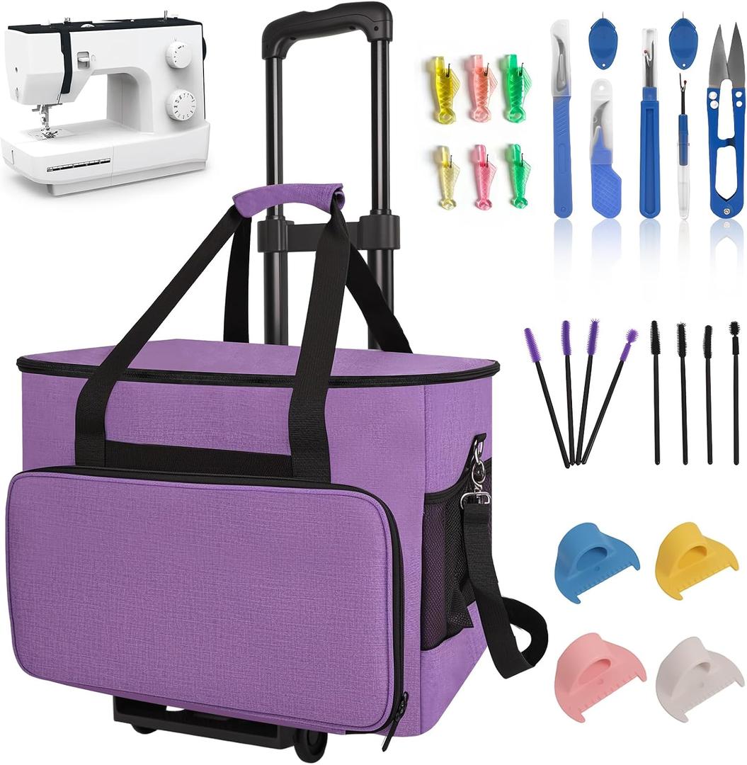 26 PCS Sewing Machine Case with Wheels Set, Includes Portable Sewing Machine Bag, Suture Remover Kit, Threaders, Cleaning Brushes & Multifunctional Sewing Tool, Fits Standard-Size Sewing Machines.