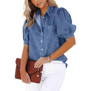 CHARTOU Women's Casual Washed Distressed Puff Sleeve Denim Snap Button Shirt Jean Jacket Coat (Large, Blue)