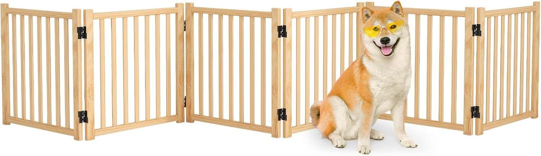 Wooden Freestanding Pet Gate Indoor, Nature Wood Dog Gates for Doorways, No-Painted Pet Fence for Stairs, 23" Height-6 Panels