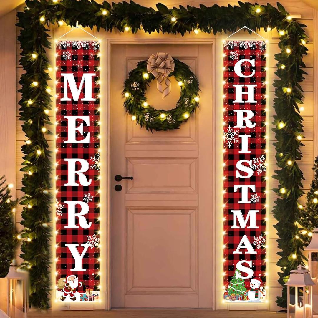 71 x 12 Inches Merry Christmas Lighted Banner for Doorway Porch Yard, Festive Xmas Holiday Theme Decor Outdoor Indoor Front Door Wall Welcome Hanging LED Banner Door Sign Decorations Party Supplies