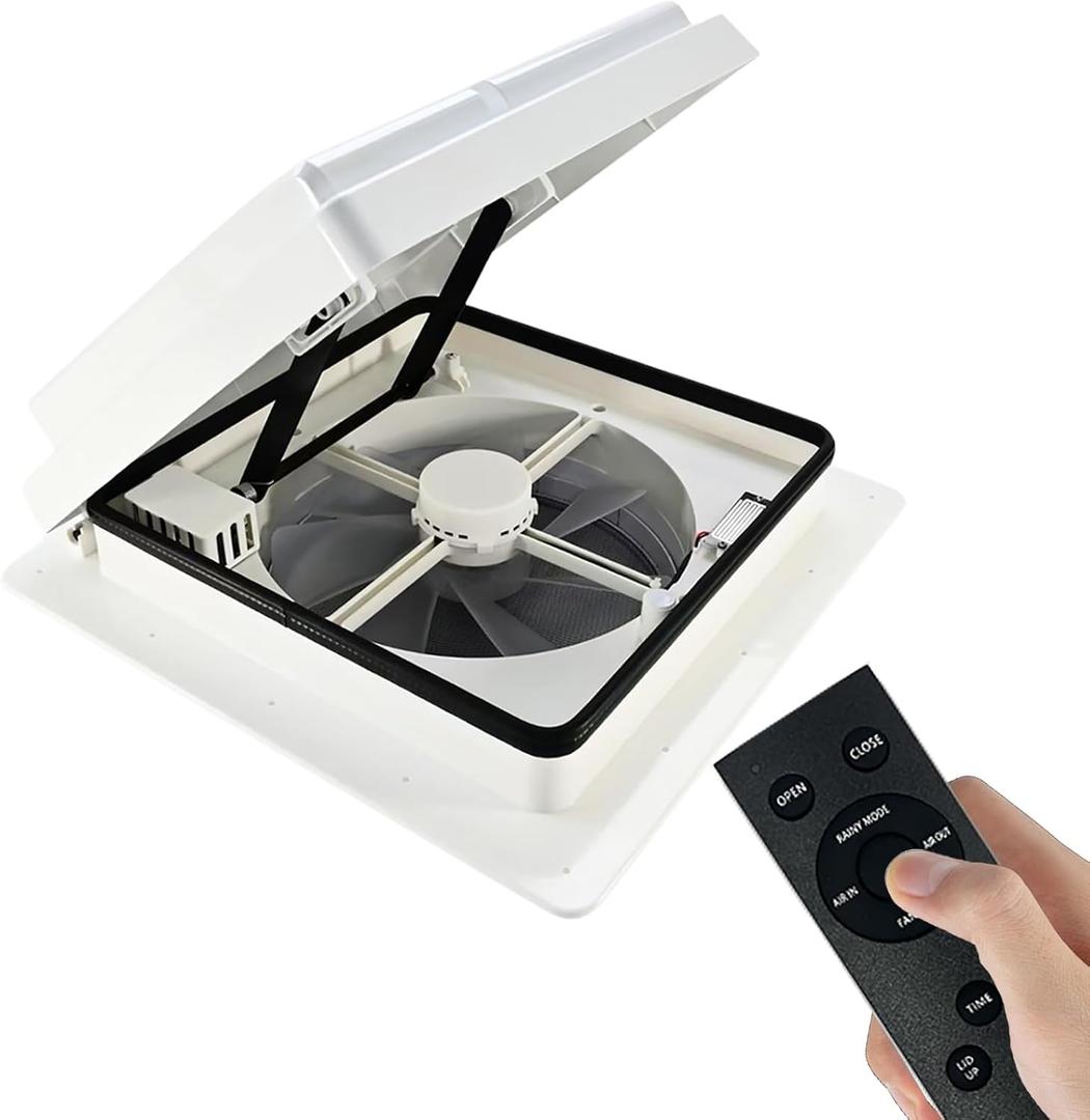 RV Roof Vent Fan Quiet 4 Speed-Reversible Air Ventilation RV Exhaust Fan Replacement with Remote Control, Built-in Rain Sensor 12V 14'' for RV Roof Vent/Camper Trailer Bathroom (White Opaque Lid), 14"x14"