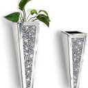 Flower Vase Crushed Diamond Mirrored Hanging Planter& Geometric Decor Mirrored Container,Silver Decorative Mirror Vase Luxury for Home Decor.befit for Faux Plants.Cant Hold Water.(Set of 2) (3.5x11.2 inch)