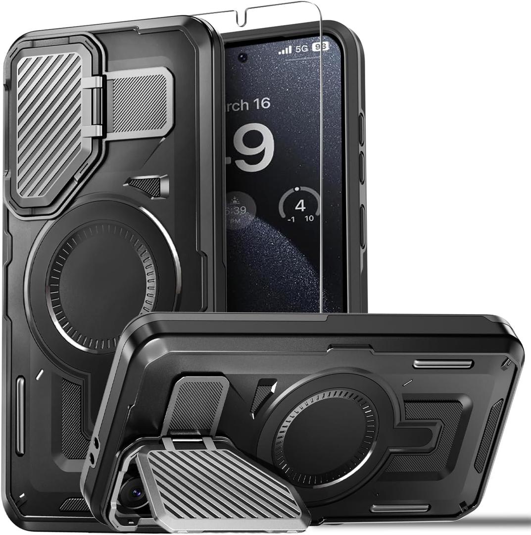 for Samsung Galaxy S24 FE Case Built-in Metal Camera Cover with Stand,[Compatible with Magsafe] Military Grade Rugged Shockproof Protective Cover with Screen Protector-Black