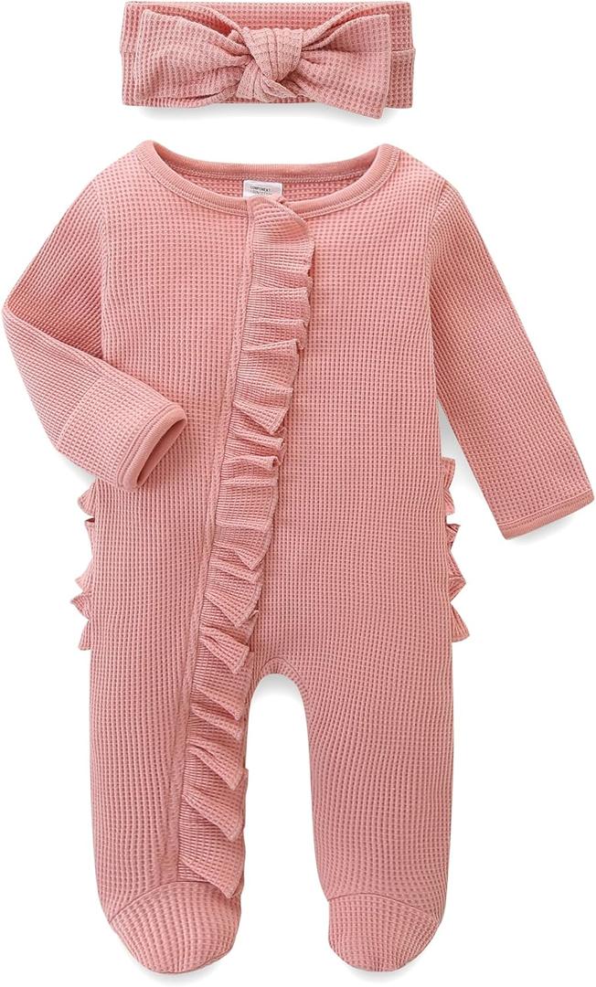 Newborn Baby Romper Cotton Infant Girl Outfit Zippers Ruffle Jumpsuit and Headband Spring Fall Winter Clothes (3-6 Months, Mauve)