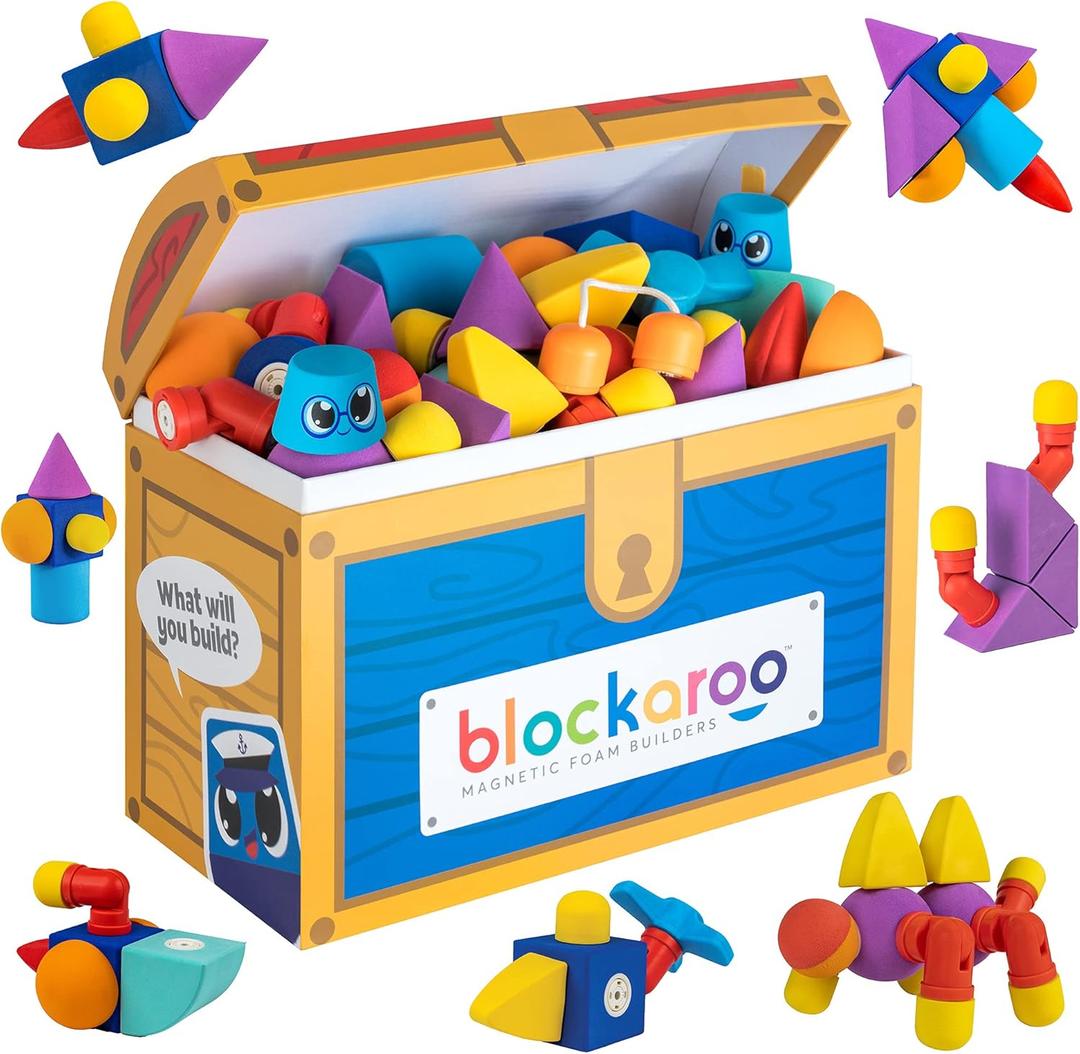 Magnetic Foam Blocks  STEM Preschool Toys for Children, Toddlers, Boys and Girls, The Ultimate Bath Toy  100 Piece Set with Toy Chest, Bath Building Blocks, Engineering Toys for Kids 3-6