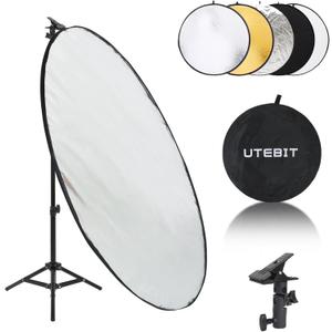 UTEBIT 31 Inch (80cm) Light Reflector Stand Kit Diffuser 5 in 1 Collapsible Multi Disc with Bag, 48 Inch Light Stand, Photography Reflector Holder-Translucent/Silver/Gold/White/Black