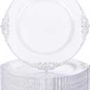 Nervure 100PCS White and Silver Plastic Plates - 10.25Inch Silver Disposable Plates - Heavyweight Dinner Plates for Wedding & Party & Holiday