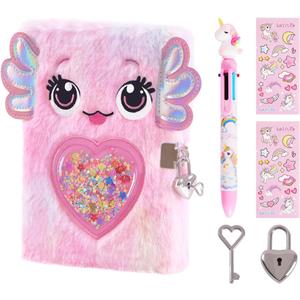 Axolotl Diary for Girls with lock and keys, Kids Journal School Travel Notebook Gift Set for Writing and Drawing,Multicolored Pen, Stickers, Birthday Gift for Girls ages 6-8