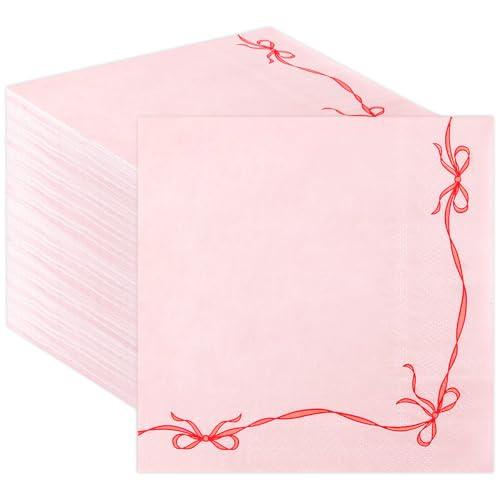 50Pack Red Pink Bow Paper Napkins Bachelorette Decorations Bow Theme Birthday Party, Bridal Engagement Decor, Girl Baby Shower Table Supplies 6.5''