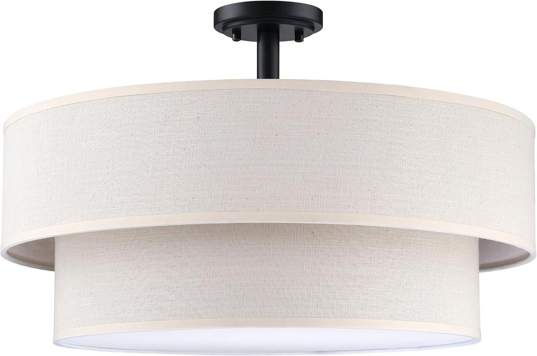4 Light Semi Flush Mount Close to Ceiling Light Fixture,Cream Linen Fabric Shade Black Finish 20 inch for Bedroom,Living Room,Dining Room Hallway