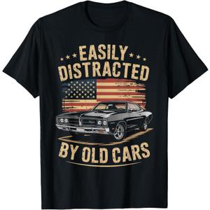 Easily Distracted by Old Cars Classic Car Guy Funny Vintage T-Shirt L