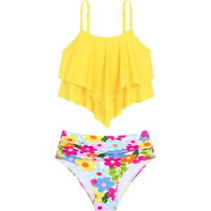 HOZIY Girls Bikini 2 Piece Swimsuit Set Tiered Flounce Bathing Suit Adjustable Straps Girls' Swimwear (13-14 Years, Yellow)