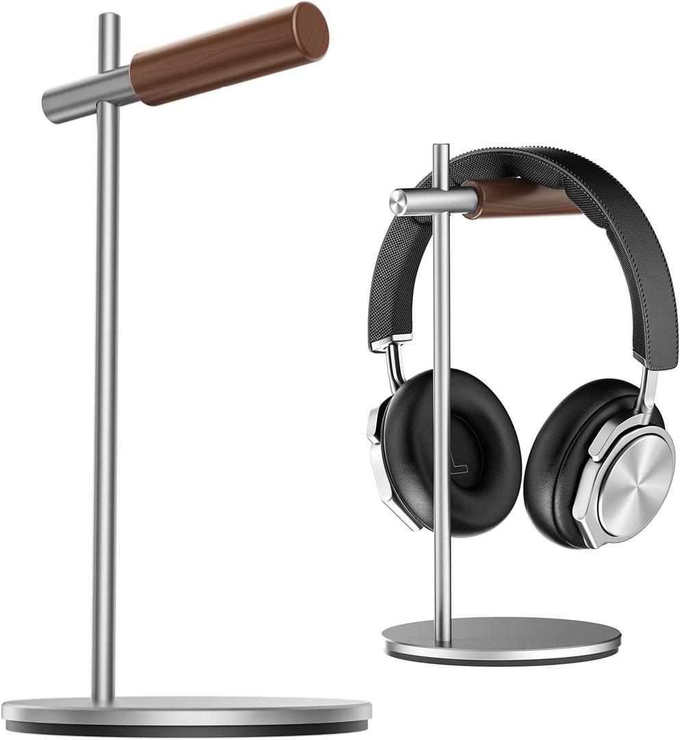 QzheMuw Oak Headphone Stand, Wood Headset Stand for Desk, Universal Holder for Airpods max, Bose, Beats, Gaming, Apple Vision Pro, VR Display Stand (Silver)