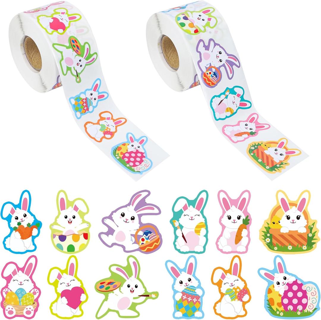 1200 PCS Easter Bunny Stickers Roll 12 Designs Easter Egg Rabbit Stickers Self-Adhesive Decorative Label Stickers for Envelopes Craft Card Gift Party Supplies, 2 Rolls