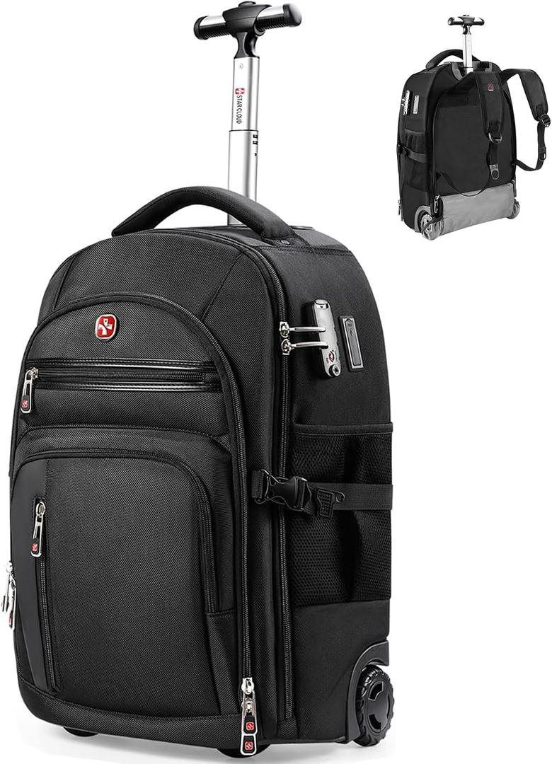 star cloud Rolling Backpack with Wheels, USB & Type-C Charging Ports, 21x14x9, Water-Resistant, 17.3" Laptop Compartment, EVA Material,Wheeled Business Backpack for Travel, Work, College, Large