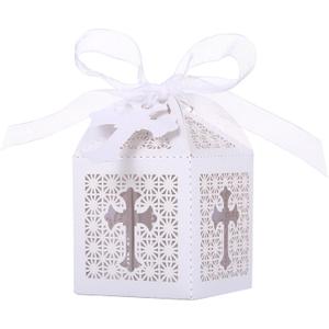 LEMESO 50 Pack Baptism Laser Cut Favor Boxes 2x2x3 Inch White Small Gift Boxes with Dotted Fold Lines Silk Ribbons and Cross Tags for Christening First Communion Wedding Baby Shower Bautizo