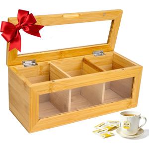 Tea Bag Organizer, Bamboo Tea Bag Holder, with Magnetic Lid & Window – 3 Compartments Tea Bag Storage for Kitchen Countertop – Eco-Friendly, Space-Saving & Giftable for Tea Lovers