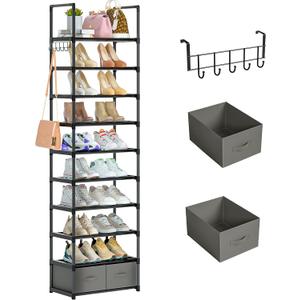 OYREL Tall Shoe Rack Narrow 10 Tier Shoes Rack 20 25 Pairs, Shoe Storage Organizer for Closet, Sturdy Metal Shoe Shelf Shoe Stand with 2 Boxes 1 Hook