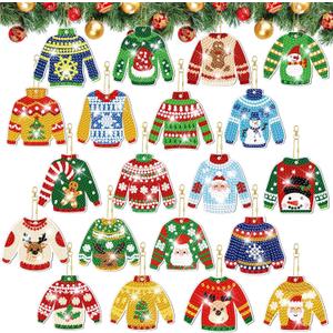 Tondiamo 20 Pcs Christmas Diamond Painting Keychain Kits 5D DIY Diamond Art Pendants Double Sided Hanging Key Chains for Christmas Party Decoration DIY(Sweater Style)