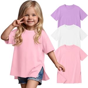 YooAurvox 3 Pack Toddler Girls' Oversized Shirts Short Sleeve Crew Neck Tops Side Slit Summer Tees Loose Casual Basic T Shirt(Light Purple, White, Light Pink, 4T)