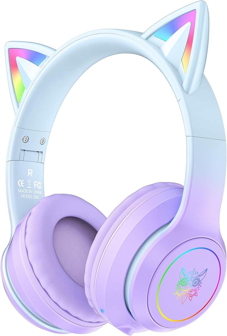 Cat Ear Bluetooth Headphones with Micphone for Kids & Adults, LED Light Up Wireless HI-FI Sound Quality, Over-Ear Headphones with Volume Control for iPhone/iPad/Laptop/PC(55H Play Time)