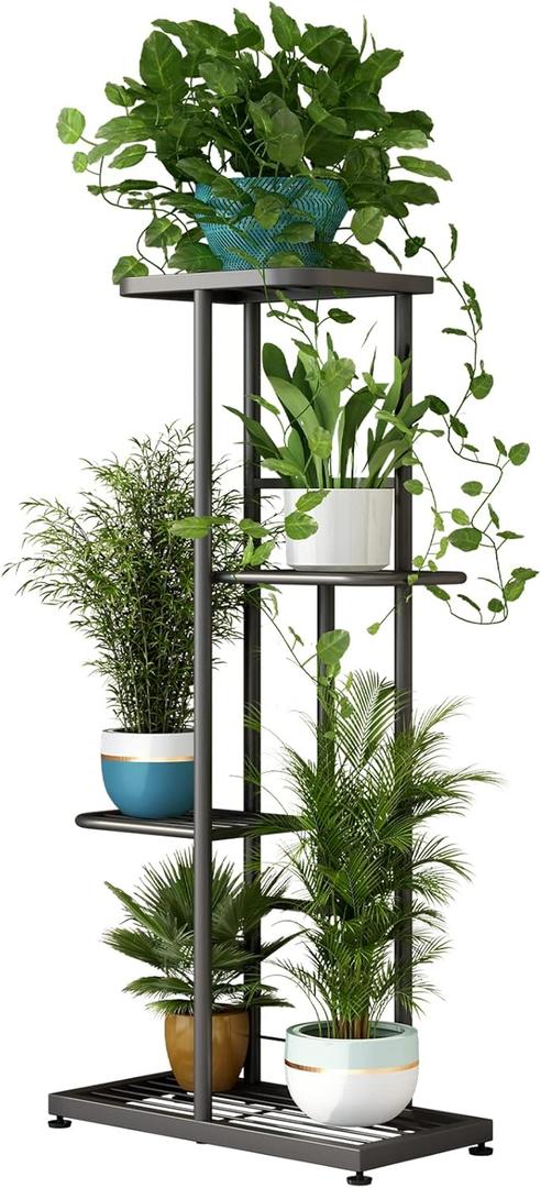 LINZINAR Plant Stand Indoor Outdoor Metal 4 Tier 5 Potted Multiple Flower Pot Holder ShelfPlanter Display Shelving Unit for Patio Garden Corner Balcony Living Room (Dark Grey)