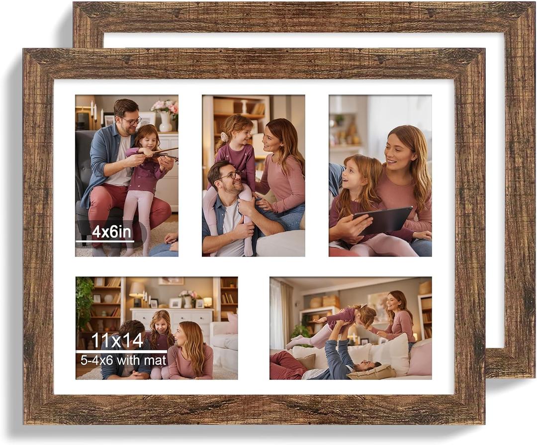 Hongkee 11x14 Picture Frame Set of 2, Rustic Brown Wood Frame with Real Glass Collage Picture Frames, Display Pictures Five 4x6 With Mat or 11 x 14 Without Mat, Photo Frames Wall Gallery