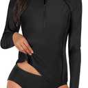Daci Women 2 Piece Rash Guard Long Sleeve Zipper Bathing Suit with Bottom Built in Bra Swimsuit UPF 50 (Medium, Black1)