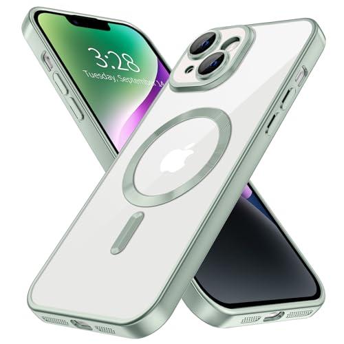 Hython Magnetic Clear for iPhone 14 Case with Camera Lens Protector [Compatible with MagSafe] Luxury Plating Edge Slim Soft TPU Cover Protective Phone Case for iPhone 14 6.1", Matte Mint