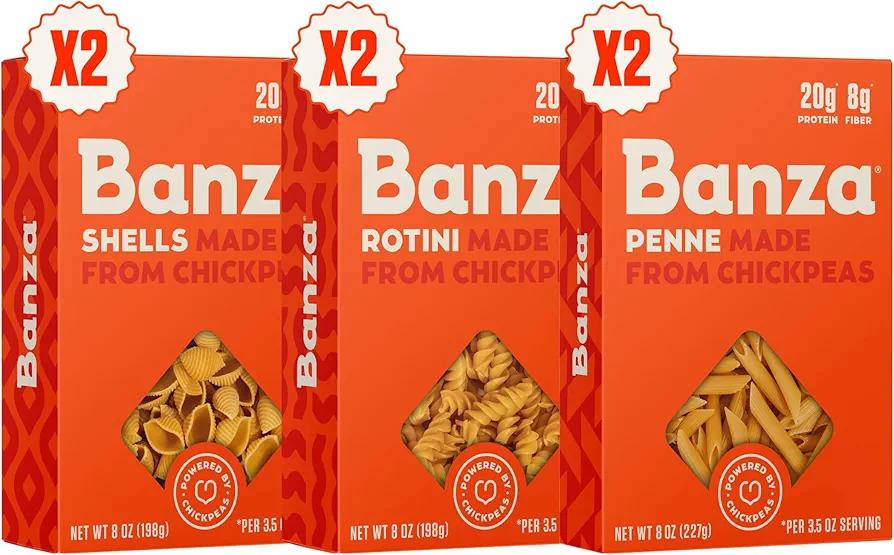 Banza Gluten-Free Chickpea Pasta, Variety Pack 20g Protein | Lower Carb | High Fiber | High Protein | Plant Based Pasta | 8oz (Pack of 6), Best By: 08/22/2027