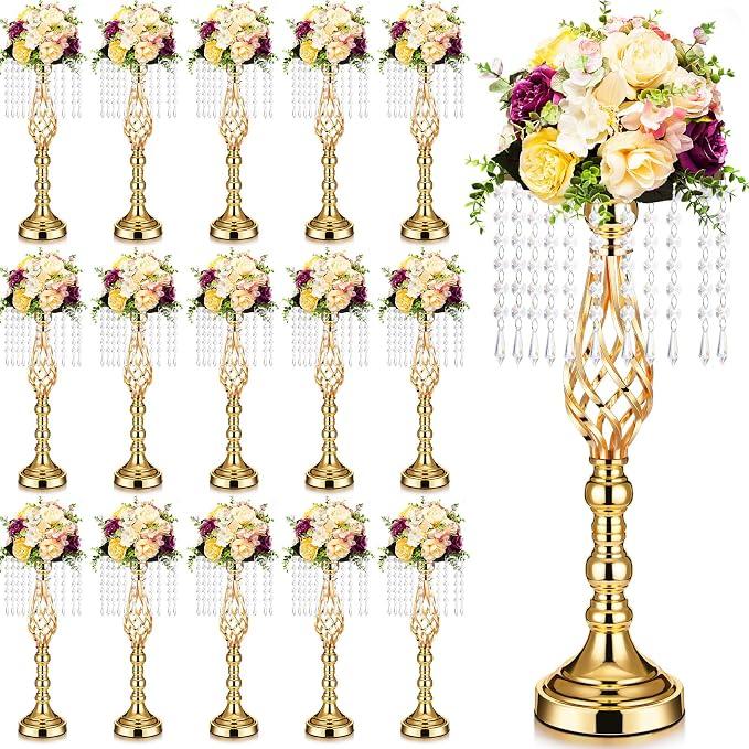 Gold Wedding Centerpieces for Table Crystal Flower Stand 19.3 Inch Gold Table Vase with Chandelier, Metal Flower Holders for Wedding, Bridal Shower Party, Dinner Tabletop Decoration, 10 Pcs