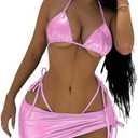 WDIRARA Women's 3 Piece Metallic Swimsuits Halter Triangle String Bikini Set with Beach Skirt (Large, Light Pink)