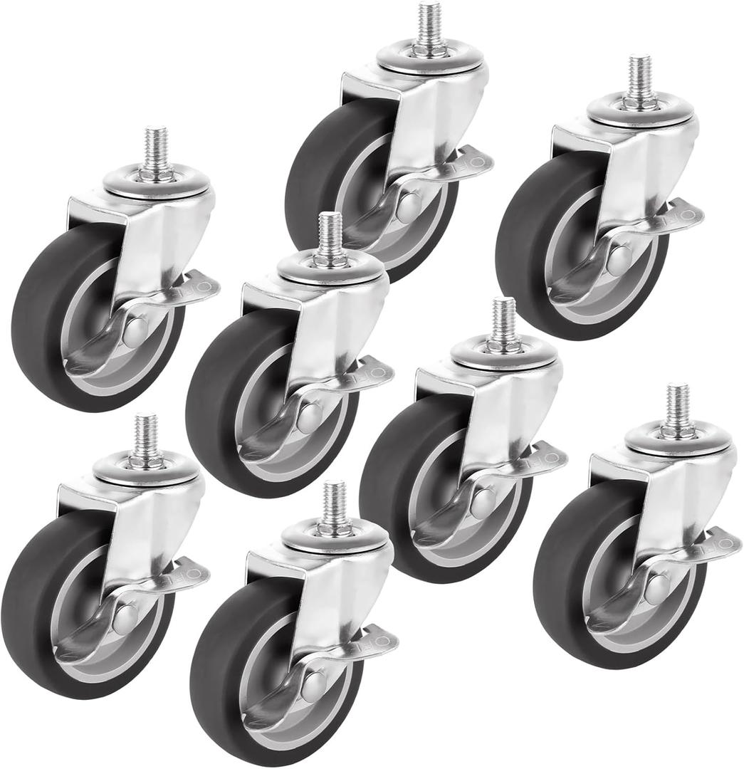STARVAST Caster Wheels 3 Inch Heavy Duty Threaded Stem Casters, 3/8"-16x1" (Diameter 3/8", Length1-1/2") Threaded Stem Casters Swivel Casters, Set of 8 Castor Wheels for Cart, Furniture, Shelving