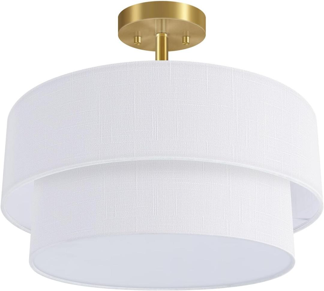 Semi Flush Mount Ceiling Light, 16.5'' Gold Light Fixture Ceiling Mount, Modern Anti-Glare Close to Ceiling Light with 2-Layer White Linen Shade for Bedroom Hallway Living Room (E26 Base,No Bulb)