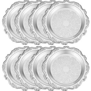 Teecyhooo 6 Pcs Silver Serving Platter Tray Jewelry Display Tray Decorative Dessert Plates Vintage Coffee Table Perfume Jewelry Organizer for Wedding Party Centerpiece (Round)