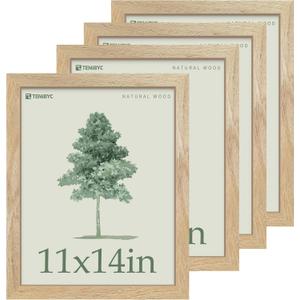 11x14 Picture Frame Set - 4 Pack, Natural Solid Wood, HD Tempered Glass, Elegant Wood Grain, Wall Gallery Photo Frame