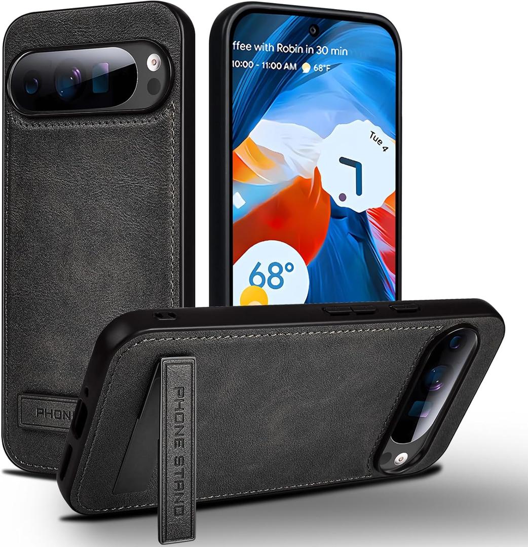 for Google Pixel 9/9 Pro Leather Case Slim Leather Phone Cover [Protective Slim with Kickstand] Bumper Shockproof Protective Leather Case[ Compatible with Google Pixel 9/9 Pro] (Black)