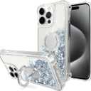for iPhone 15 pro Case,Bling Moving Liquid Floating Sparkle Colorful Glitter Waterfall TPU Protective Case with Ring Kickstand, Silver