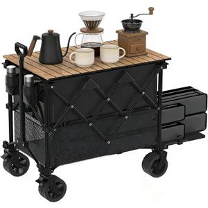 Double Decker Wagon with Table, 600lb 400L 54'' Extra Long Heavy Duty Wagons Carts Foldable with Tailgate, Utility Folding Cart Big All-Terrain Wheels with Brakes for Camping, Fishing, Beach, Outdoor