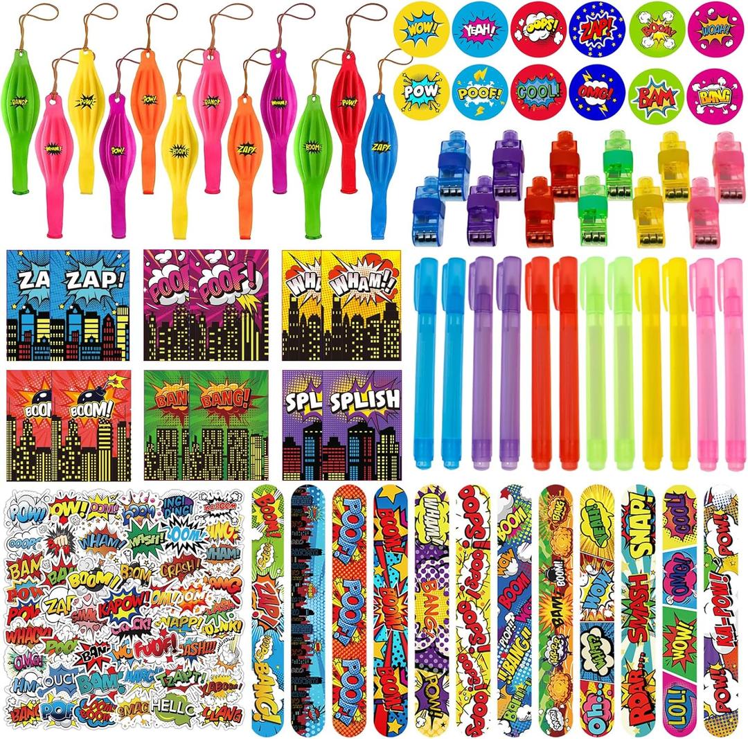122 Pcs Hero Party Favors with Slap Bracelets,Punch Balloons,Stickers,Button Pin Badges,Notepads,Pen,Finger Lights for Themed Goody Bag Stuffer Class Prize