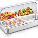 Countertop Ice Serving Display Container, Stainless Steel Food Serving Tray Buffet Condiment Dispenser, Spice Food Display Salad Dressing Cooler with Clear Roll Top Cover
