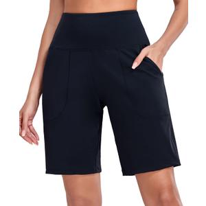 Oalka Women's High Waisted Shorts Yoga Workout Bermuda Long Hiking Shorts with Pockets (Medium, 10" Black)