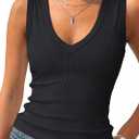 Prettywear Deep V Neck Tank Tops for Women 2026 Summer Fashion Clothes Sexy Casual Ribbed Fitted Sleeveless Going Out Tops (Black, M)