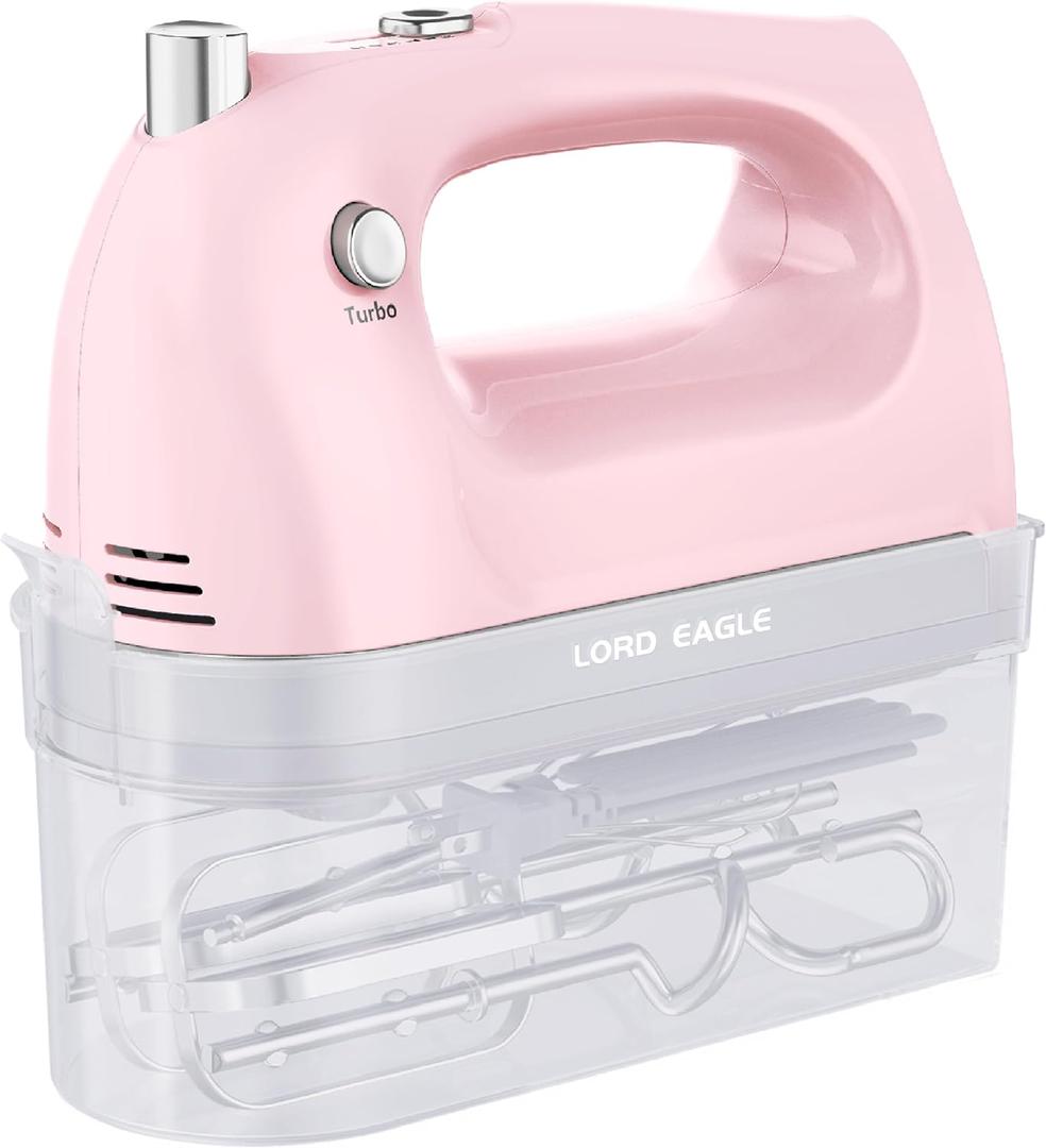 Lord Eagle Hand Mixer Electric Handheld 400W, 5-Speed Lightweight Kitchen Mixer with Storage Case, 5 Stainless Steel Attachments for Baking Cake Egg Cream Food Beater, Turbo+Eject Button, Pink